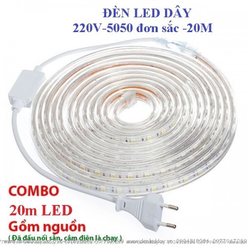 Đèn led dây 220V 20 Mét, Led 5050 1200 chíp, tích hợp sẵn, cắm nguồn là sáng, cuộn 20m